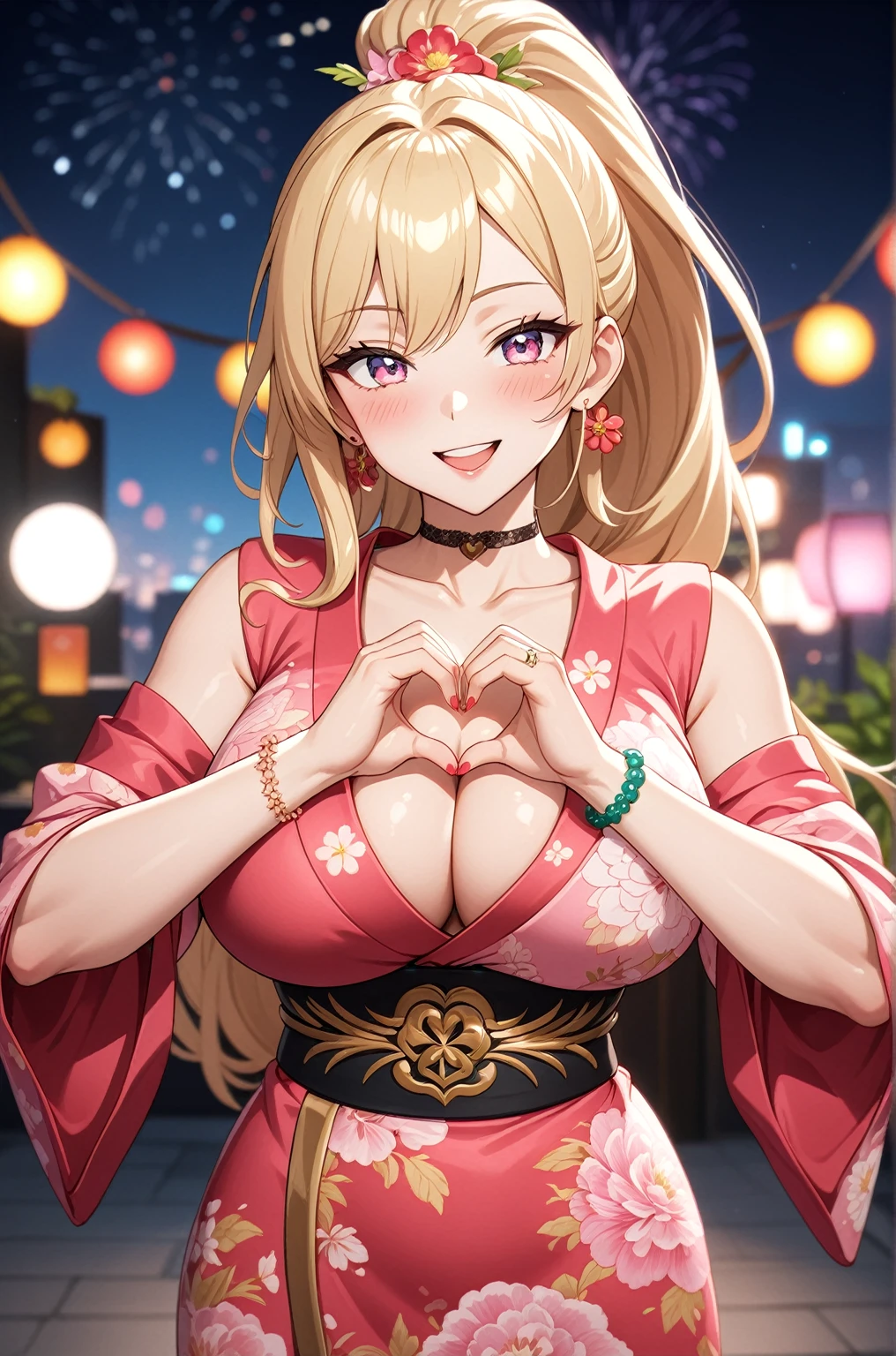 ((one personの女性)), Beautiful Face,Laughing embarrassedly,((Wink:1.5),Laughing with your mouth open,turn bright red,Cinema lighting,Glossy pink lips,night,rooftop,Festive decorations,firework,((Anime style background)),masterpiece, highest quality, so beautiful, Latest, Complex details, (Pink long nails),(ring),(flower bracelet),Floral choker,AI-generated, Complex,High resolution, highest quality, super high quality,3D Images、View your viewers、3D Images,one person,Long Blonde Hair,High Ponytail,blue eyes,Anime woman posing for a photo, (Fine grain,Colorful eyes,Shining Eyes:1.3),(Squint your eyes:1.1),a hyperRealistic , hyperRealistic , Realistic,Blonde anime woman with long hair, Smooth anime CG art, A woman in a colorful kimono with gold embroidery, (Pink kimono、Red floral pattern),Long flower hair ornament,Large floral earrings,(ring),(Big Breasts:1.1),Mature Body,Tall,Big Ass,Fine details,Tight waist,Abdominal muscles,(Face close up:1.6),(Tilt your face), Shooting from an angle,((A woman making a heart hand sign with their hands in front of their chest. They are forming a heart shape with their thumbs and index fingers.)),