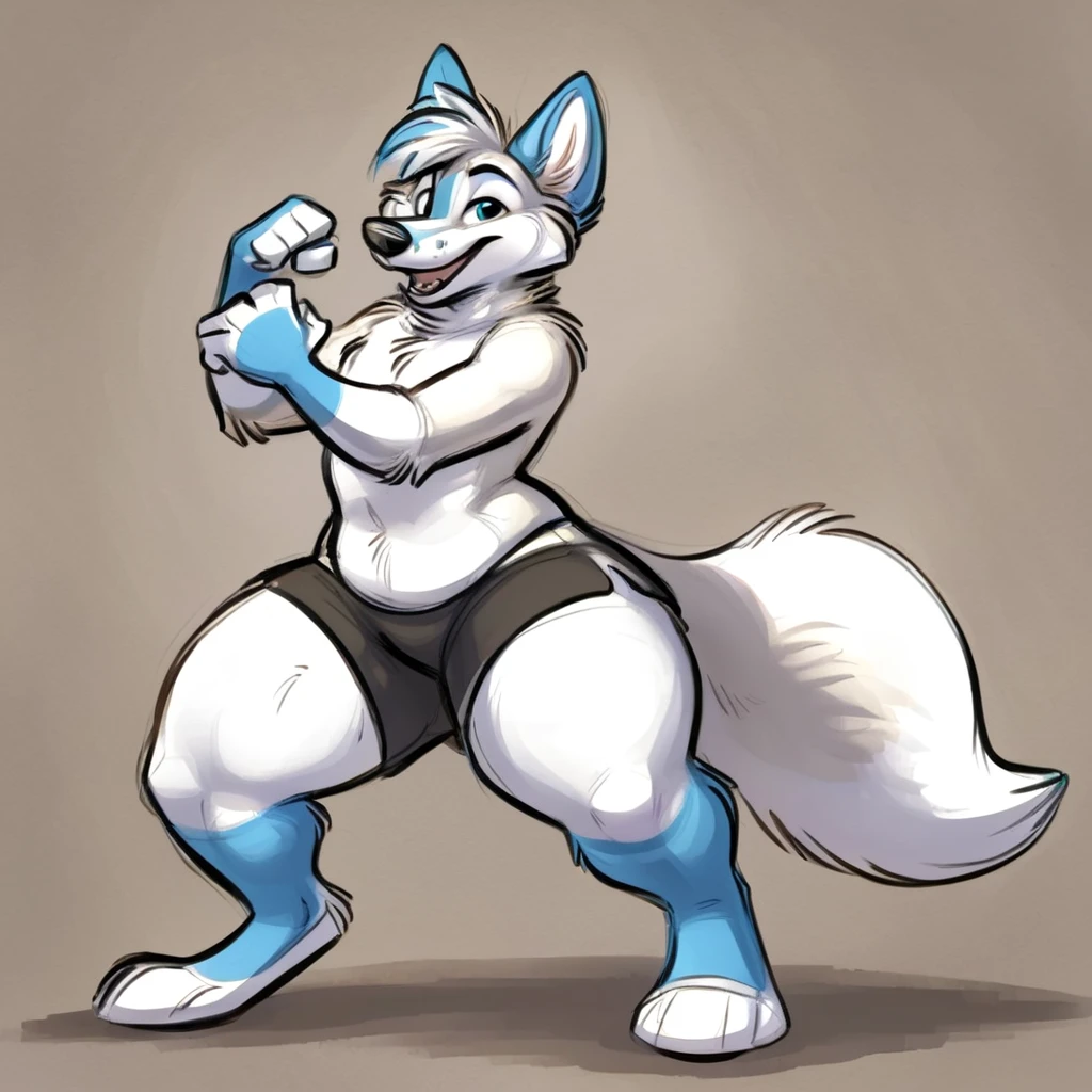 A blue anthropomorphic fox, wearing black swimming shorts, doing a bending down pose,has thick thighs, high quality, crisp,