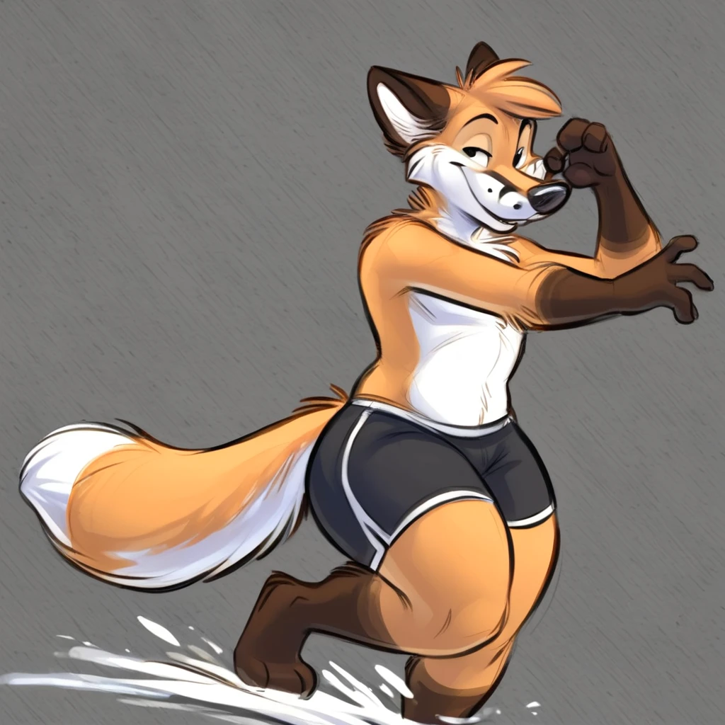 A blue anthropomorphic fox, wearing black swimming shorts, doing a bending down pose,has thick thighs, high quality, crisp, 