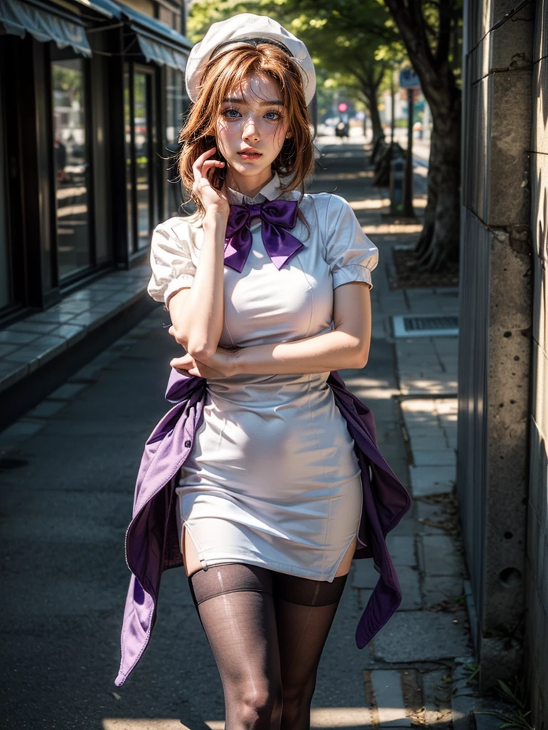 (1 lady), (Best quality at best:1.4), (ultra - detailed), (extremely detailed CG unified 16k), A Beautiful Woman with Perfect Figure: 1.4, Sharp Focus: 1.2, purple hair, very detailed, High-definition RAW color photo, professional photoshooting, amazing face and eyes, cosmetics, standing, (amazingly beautiful girl), ((rena ryuuguu)), ((beret, black thighhighs, bow, bowtie, dress, hat, puffy short sleeves, puffy sleeves, purple bow, purple bowtie, short sleeves, thighhighs, white dress, zettai ryouiki)), (looking cute, immerse in her own thoughts expression), (City park, extremely detailed background, realistic background, first date vibes), (frontal photo), realistic cinematic face, head to feet long wide zoomed out view, full body long view, head to shoes, photorealistic, ((realistic natural orange hair style, short hair, blue eye)), gorgeous, extremely beautiful face, pretty face, delicate girl, (attractive body, fit woman, big girl, athletic body, strong female), perfect model beauty, pout mouth, Highly Detailed Face and Skin Texture, Detailed Eyes, Double Eyelids, Medium size breasts, shy but motivated expression, (masterpiece), best quality, high resolution, extremely detailed, cinematic lighting, amazing legs, clear and well-cared skin, (milky pale skin, white skin like milk), official dior editorial, trending on pinterest, dreamy, aesthetic, ((style raw))