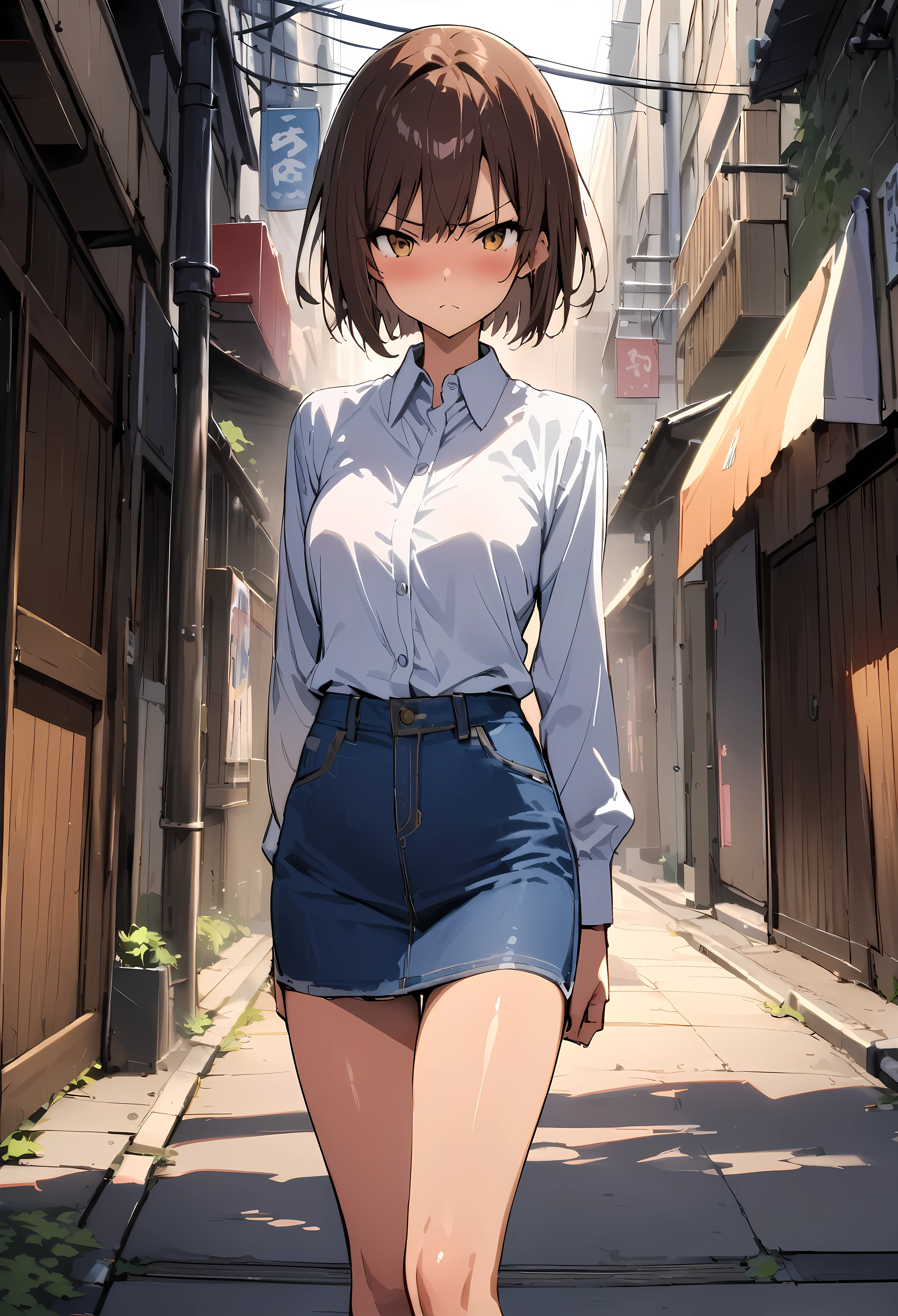 takeda hiromitsu style,(((masterpiece, highest quality:1.5,absurdres))),20 year old beauty,solo,((very small head)),short bob hair,bangs,dark brown hair,brown eyes,blush,Serious expression、medium breasts,((very long body)),toned body,slender body,skinny,gleaming skin,shiny skin,(White collared shirt、Long sleeve、Blue denim miniskirt)、walk、Back Alley、on street,Tokyo、