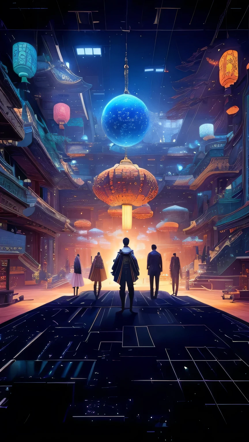 A picture of five modern people standing in a science fiction museum , Various Chinese antiques Various Chinese collectibles floating in the air Antique collectibles museum, Metaverse style technology modern