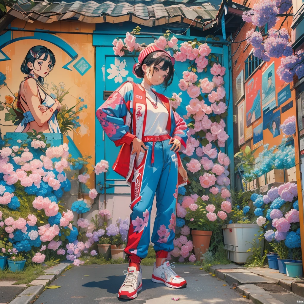 There is no one here、shooting on the wall、(Super Detail)、(8K)、(SLR)、(modelshoot)、((Hip Hop Fashion))、(full body Esbian)、(Fashion of the 90s)、(Brilliant limbs)、(Delicately drawn figures)、、(Women's Fashion)、(Colorful and pop design)、(Around the back alley)、(Iconic art and posters of the 90s)、Female facial expressions、(the pose)、(Spirit of the times)