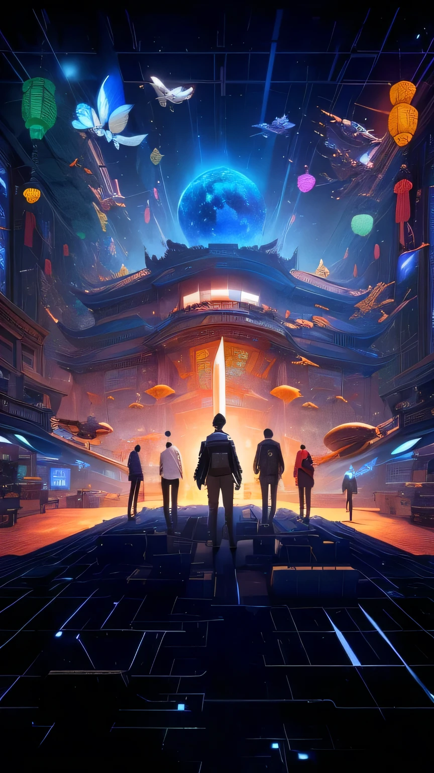 A picture of five modern people standing in a science fiction museum , Various Chinese antiques Various Chinese collectibles floating in the air Antique collectibles museum, Metaverse style technology modern
