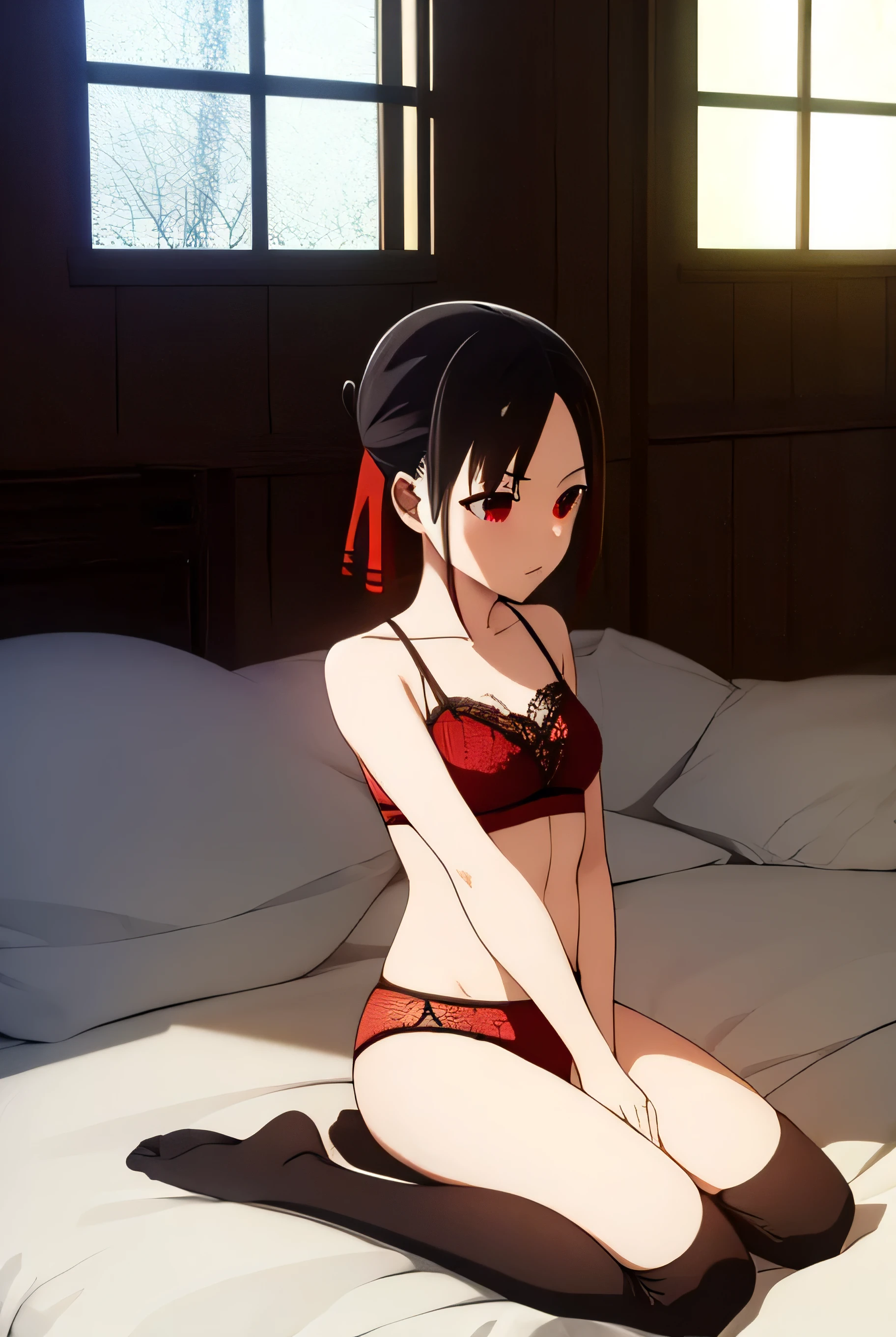kaguyashinomiya, kaguya shinomiya, short hair, bangs, black hair, (red eyes:1.3), hair ribbon, sidelocks, folded ponytail, (parted bangs:1.5),
BREAK red lace bra, black socks, no shoes, nsfw
BREAK indoors, bedroom,
BREAK red lace panties, BREAK full body view, ultra high quality, underwear, legs spread, sitting on floor
