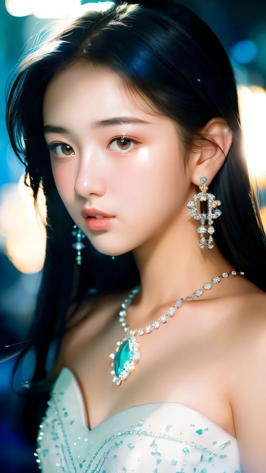 masterpiece, best quality, illustration, sax blue, platinum earrings, platinum necklace, white dress, 1girl, cute, (dynamic lighting:1.2), cinematic lighting, delicate facial features, detailed eyes, sharp pupils, realistic pupils, depth of field, bokeh, sharp focus, (hyper-detailed, bloom, glow:1.4), many small gems, (small breasts:1.1), sexy belly