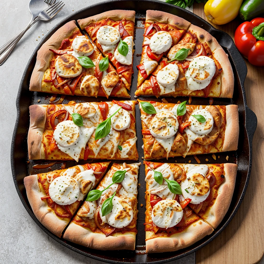 Spicy pizza with chicken fillet, mozzarella cheese, bell peppers, sweet onions and BBQ sauce.