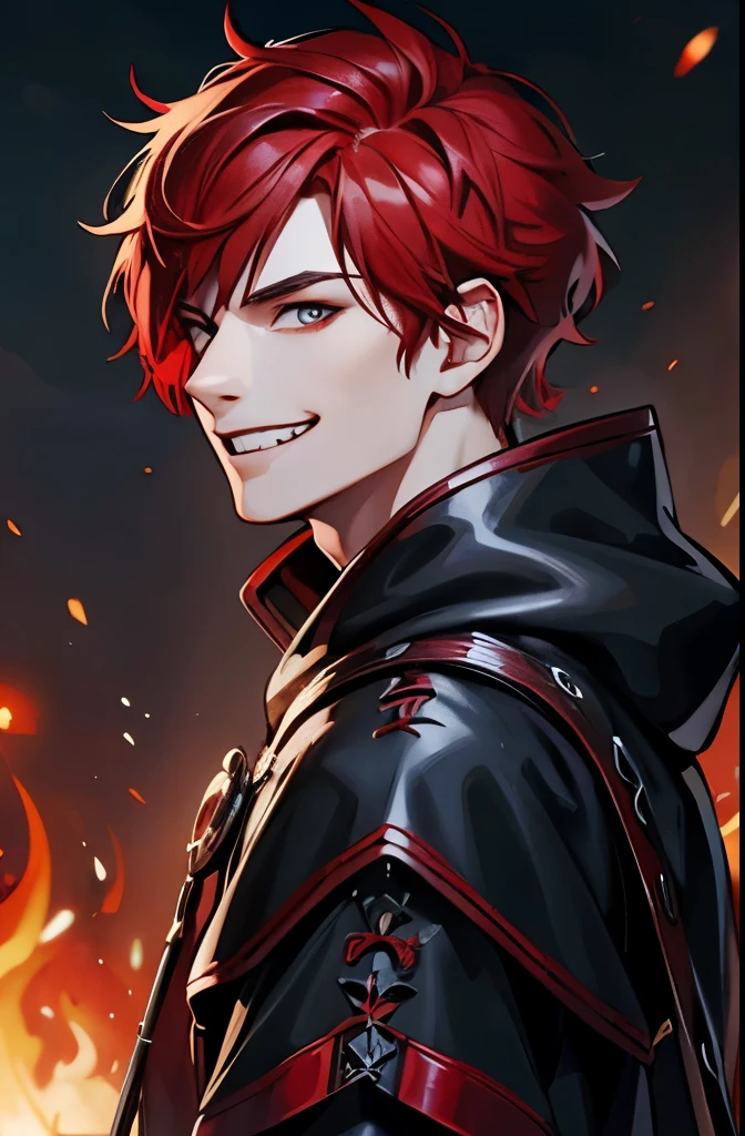 one human male, red hair color, slim body, wearing black rain coat, short haired, black medieval clothing model, magic user, grinning teeth, excited
