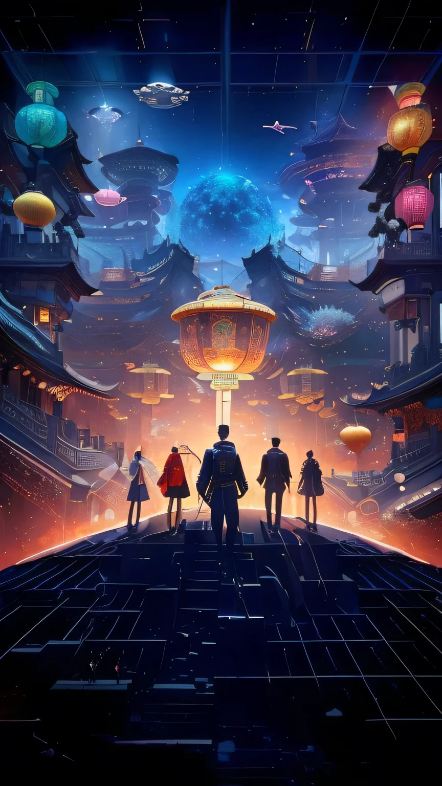 A picture of five modern people standing in a science fiction museum , Various Chinese antiques Various Chinese collectibles floating in the air Antique collectibles museum, Metaverse style technology modern