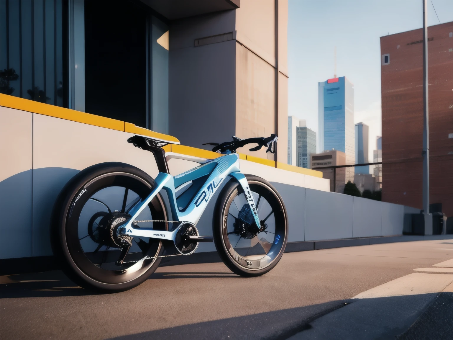 concept bicycle design, concept bicycle, race bicycle, concept design, industrial design, best quality, product design, front three-quarter view, best quality, realistic, modern city background