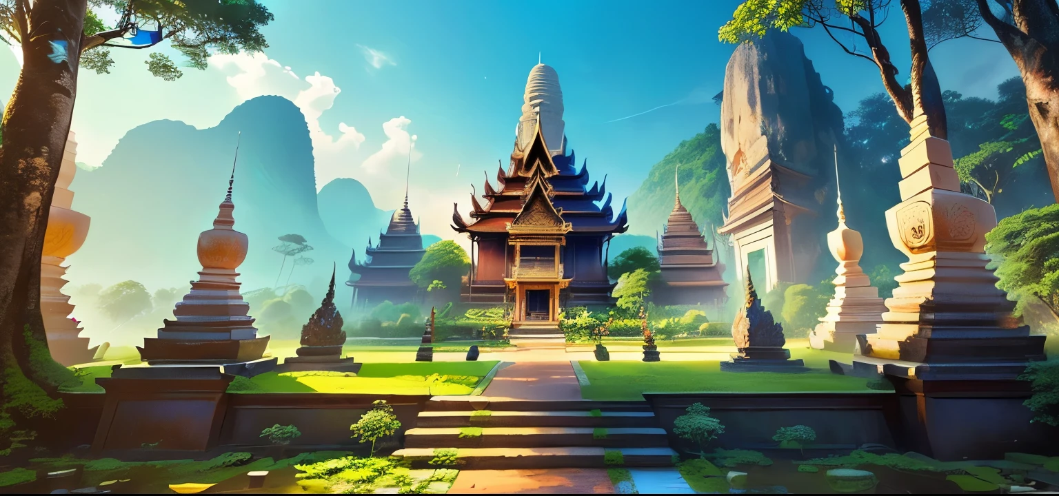 cartoon scene of a Thailand forest with a garden and a forest , two thailand elephant stone, Thai garden forest with stone yard and temple background, royal garden background, light kingdom backdrop, background art, a wide open courtyard in an epic, loadingscreen, background artwork, stylized concept art, background depicting garden with stone yard and a temple around, epic background, relaxing concept art, splash screen art, thailand concept, thailand style