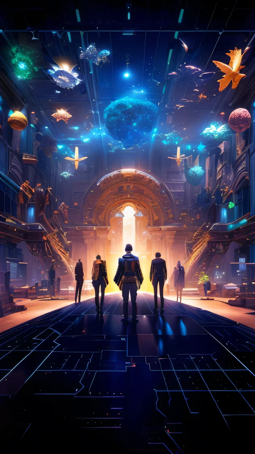 A picture of five modern people standing in a science fiction museum , Antique collections floating in the air Antique collection museum, Metaverse style technology modern