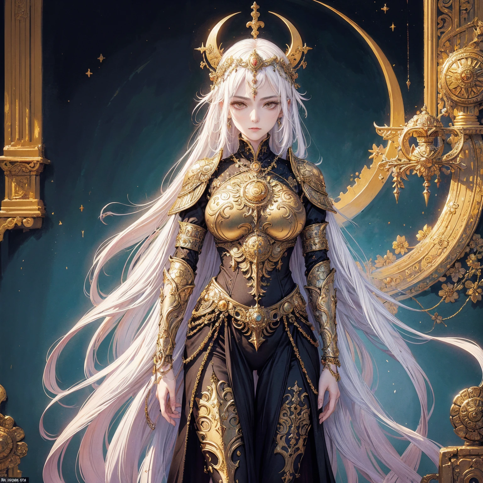Art of woman wearing sun crown and ornate breastplate, ancient goddess art, Sacredness. Very detailed, Mysterious inspiration, Inspiration from the Sun God, Religious inspiration, Cold and snobbish face, White hair, Standing, Full body portrait, Gothic art style, Weird art style, Occult art