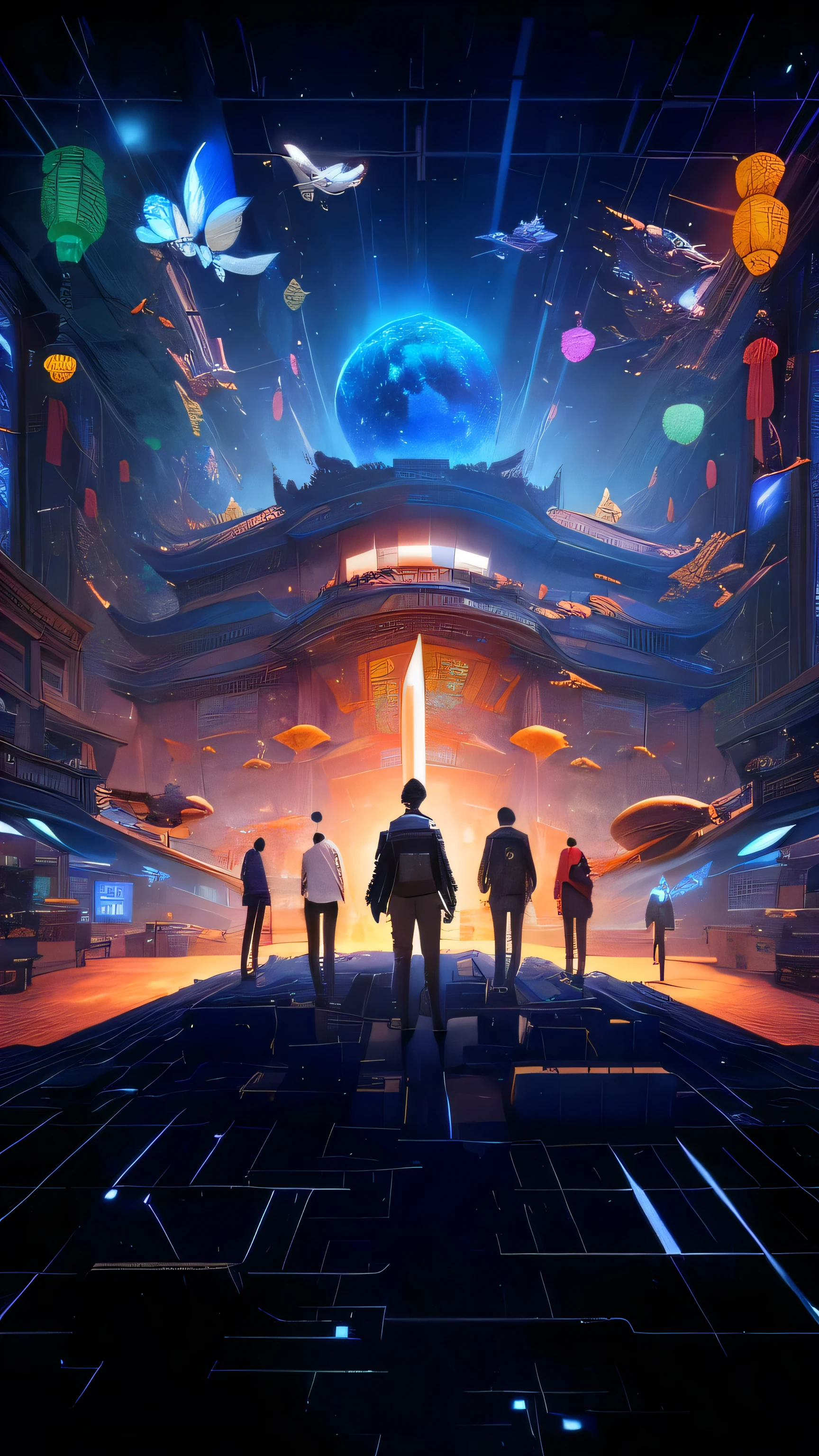 A picture of five modern people standing in a science fiction museum , Various Chinese antiques Various Chinese collectibles floating in the air Antique collectibles museum, Metaverse style technology modern