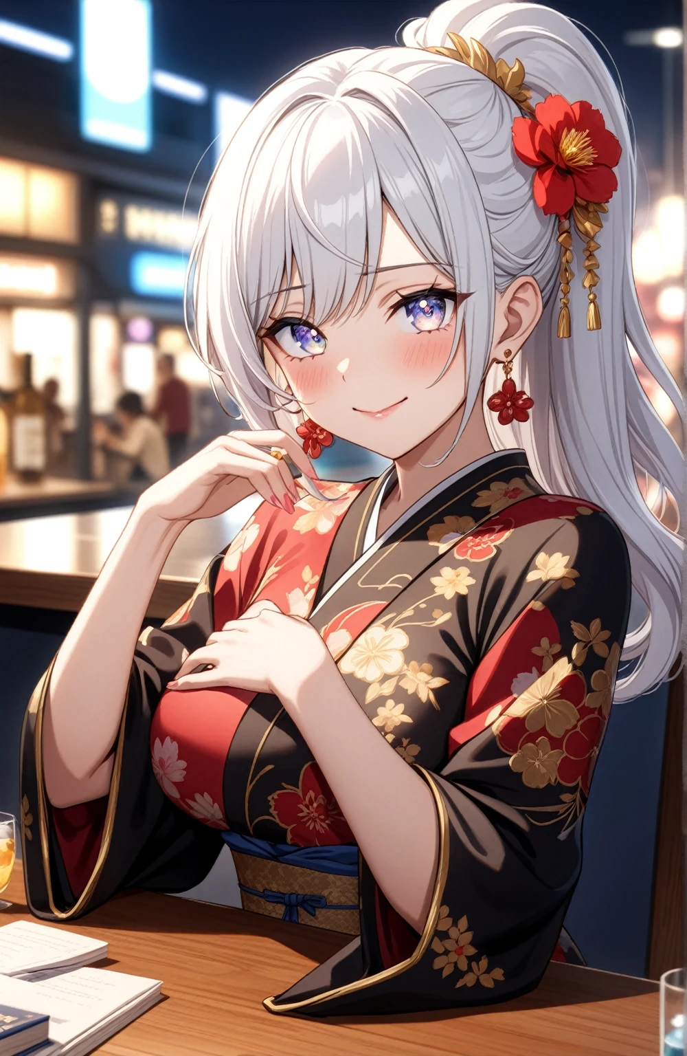 ((one personの女性)), Beautiful Face,Laughing embarrassedly,((Wink:2.0)),Laughing with your mouth open,((Bright red cheeks:1.3)),Glossy pink lips,Cinema lighting,night,Rooftop Bar,firework,((Anime style background)),masterpiece, highest quality, so beautiful, Latest, Complex details, (Pink long nails),(ring),(bracelet),AI-generated, Complex,High resolution, highest quality, super high quality,3D Images、View your viewers、3D Images,one person,Long white hair,High Ponytail,blue eyes,Anime woman posing for a photo, ((Fine grain、Silvery white colorful eyes、Shining Eyes:1.3)),(Squint your eyes:1.1),a hyperRealistic , hyperRealistic , Realistic,Anime woman with long and white hair, Smooth anime CG art, A woman in a colorful kimono with gold embroidery, (Black kimono),Red floral pattern,Long flower hair ornament,Big earrings,Mature Body,(Big Breasts:1.1),Tall,Fine details,Narrow waist,(Face close-up:1.3), Put your elbows on the desk,Holding a glass in one hand