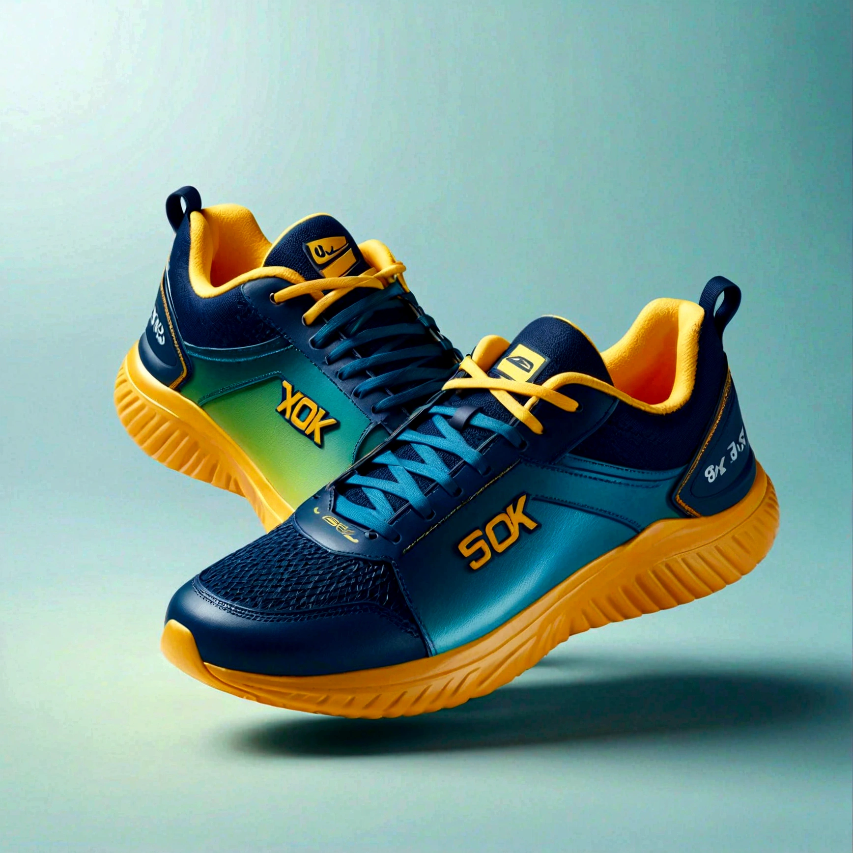 Design a pair of running shoes，Background clean yellow green gradient，Only shoes appear，The shoes must be seen all over the body，Shoes are shiny，Fine details，HD resolution，Best picture quality，Higher quality，High Detail，Ultra-high resolution，8K resolution，masterpiece