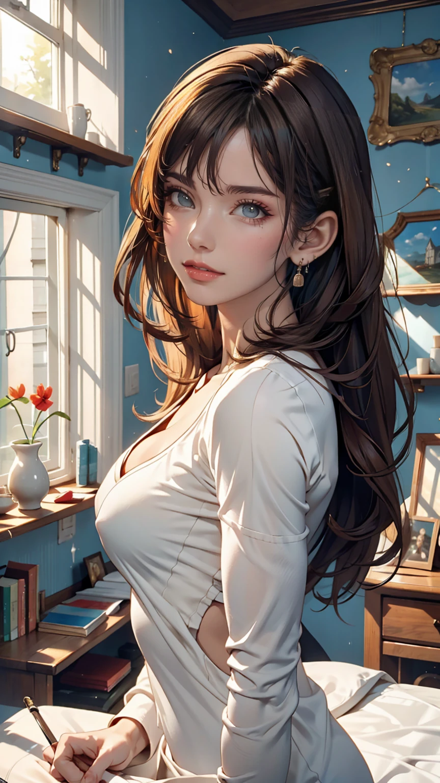 A white American woman with an unbelievable figure looks at me without wearing anything.。hair is dark blonde、Hair is wavy、Brown eyes、Looking from the side、The room has a calm European style interior.、there are paintings on the wall、the background is out of focus、Warm sunlight shines through the only window at the back of the dark room.、the woman is against the wall、Breasts are exposed、Slender but with unparalleled proportions、Breasts have nipples pointing upwards without yielding to gravity