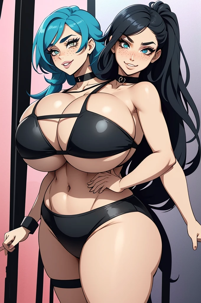 2heads, conjoined_dicephalus, a very tall chubby woman with 2 heads. Stripping on stage, near a stripper pole in a dark dark strip club, rubbing against stripper pole. Wearing choker necklace, wearing bikini top. Young, e-girl, girlfriend. Messy blue hair. Long ponytail. Gorgeous face. Smiling. Blushing. Enormous breasts. Seductive. Thick eyeliner. Lipstick. Eyeshadow. E-girl. Smug expression. Gigantic round breasts. Gently touching breasts. Enormous oversized breasts. Freckles, many freckles. Covered in freckles. Seductive pose. Slutty. Grabbing breasts, firmly squeezing breasts.