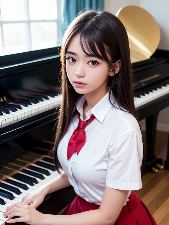 masterpiece, highest quality, Very detailed, 16k, Ultra-high resolution, 17-year-old girl, Detailed face, Anatomically correct, black eye, Black Hair, Long Hair, Drill Hair, Double Drill, , White blouse, Red tie, Navy Skirt, School, music room, piano, pianoの前, stand