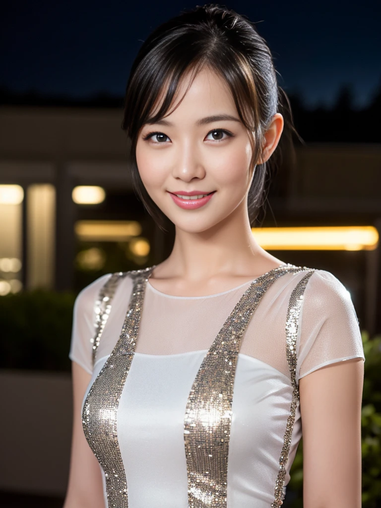 a gorgeous lady in a dark-color Elegant See-Through Midi Dress, standing under night sky, dimpled smile, short ponytail, natural pose, photorealistic, beautiful detailed eyes, hyper-realism, high contrast, ultra HD, realistic skin textures, top image quality, top-quality, super high resolution, fine details, very meticulously, bokeh background