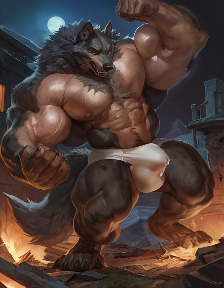male human to spotted black wolf mid transformation, grotesque, solo, masterpiece, best art, full body, by darkgem, by patto, by oouna, by alpha0, white briefs, torn shirt, torn pants, detailed hands, detailed eyes, detailed torso, painful expression, transformation, night, pecs, abs, big muscles, hyper muscles, body size growth, muscle growth, muscle size difference, muscle tone, size difference, size transformation, veiny, sweat, aroused, precum, super big, house is breaking, wreckage, very high height, Above the house, above the ruins of the house