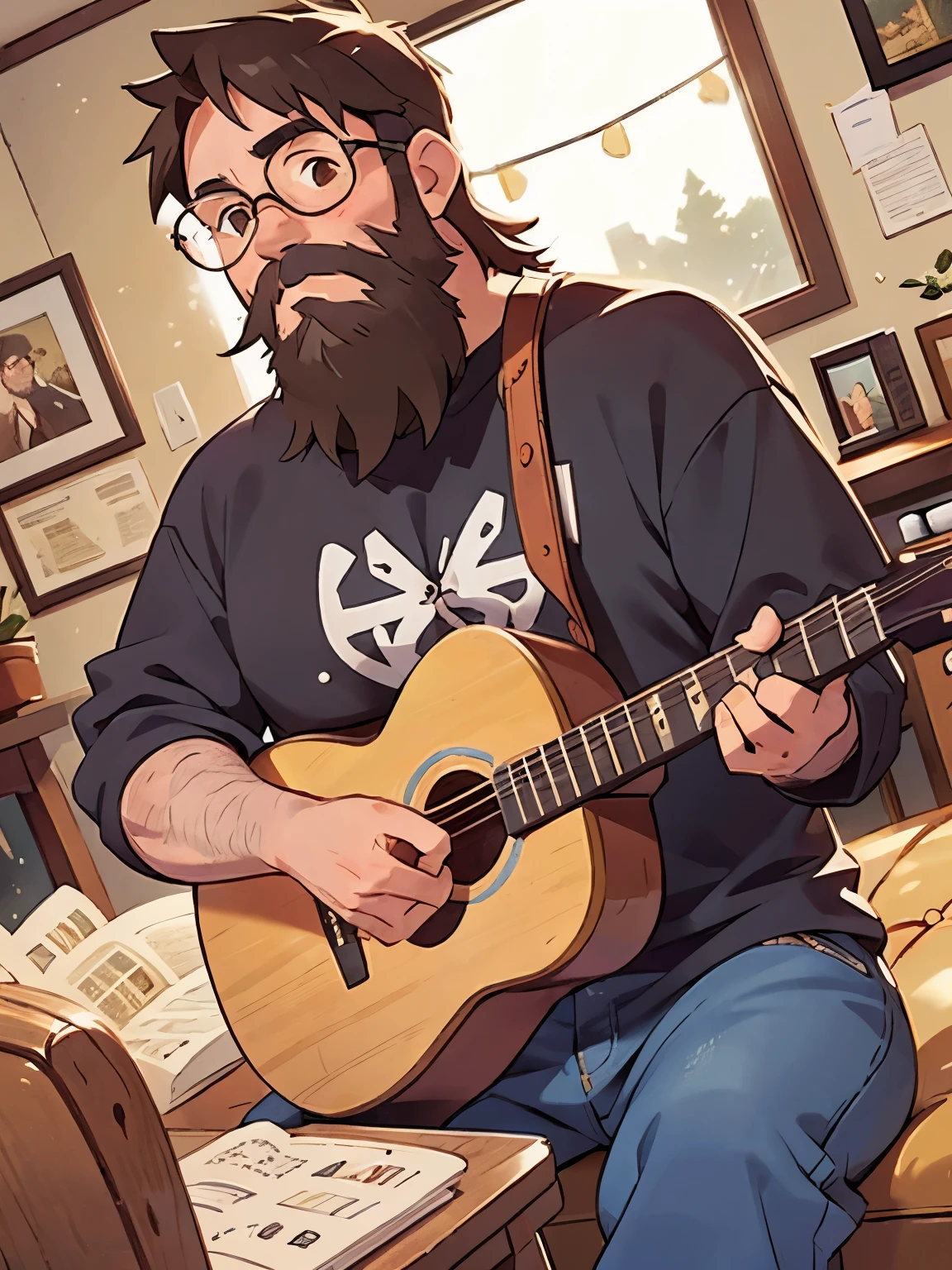 a middle-aged man with a beard and glasses playing an acoustic guitar in a cozy cafe, warm lighting, relaxed atmosphere, casual audience listening intently, man wearing casual shirt and jeans, wooden guitar, mellow, intimate, music