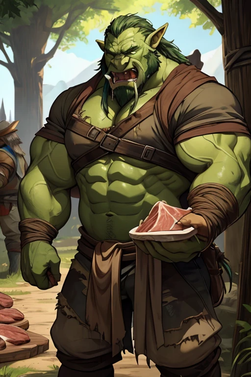Medieval fantasy Human prisoners in an Orc village breaking down a freshly hunted boar for the tribe to cook later. Pale green skin. Sweat. Muscles. Dirt. Worn clothes. Torn clothes. Worn and torn shirt. Bloody hands. Blood stained clothes. Prominent mouth tusks. ?????? bulge. Bulging ??????. Growing muscles. Round ears. Drooling over raw meat. "Meat ... hungry.... Eat...." Brute. Assimilation. Green skin spreading.
