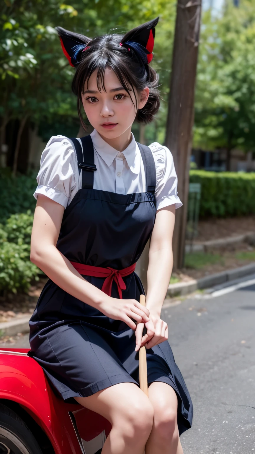 kiki's delivery service, red ribbon on Kiki's head, kiki riding broom, 8k, highest quality, masterpiece, Realistic, Super detailed, photo Realistic, Improvement of quality