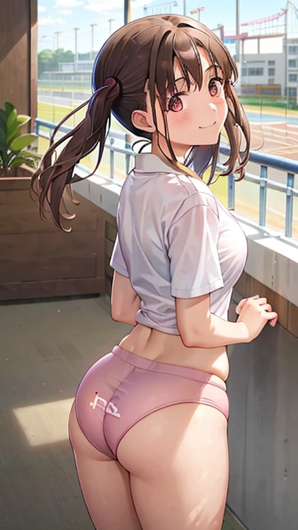 21 year old, Brown hair、twin tails、The long-haired、massive Ass, ((Track and field uniform))、Pink bloomers、a park、、Pink Panties、perfect bodies、Solo、A smile、Gymnastics、in a very crowded work place