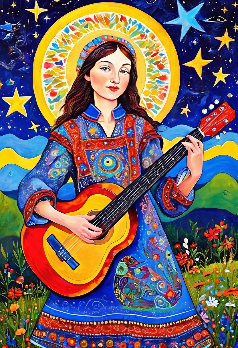 The guitarist young Alenka, dream under the summer starry sky, Russian paraphernalia, from the shoulder, Very colorful,
Best Improvisation, ((Mordecai-Ardon style!)), ((perfect full body detail)), magic naive art, primitivism, protogen, crimson
, ((best quality, Masterpiece)), ((Highest detail)), RAW:1,1, 8k