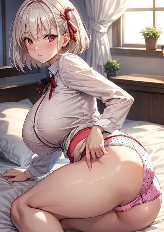 Woman with massive breasts, butt cleavage, pink polka dot panties, thick thighs detailed, wearing sexy panties, platinum blonde, medium hair, red eyes, in bed