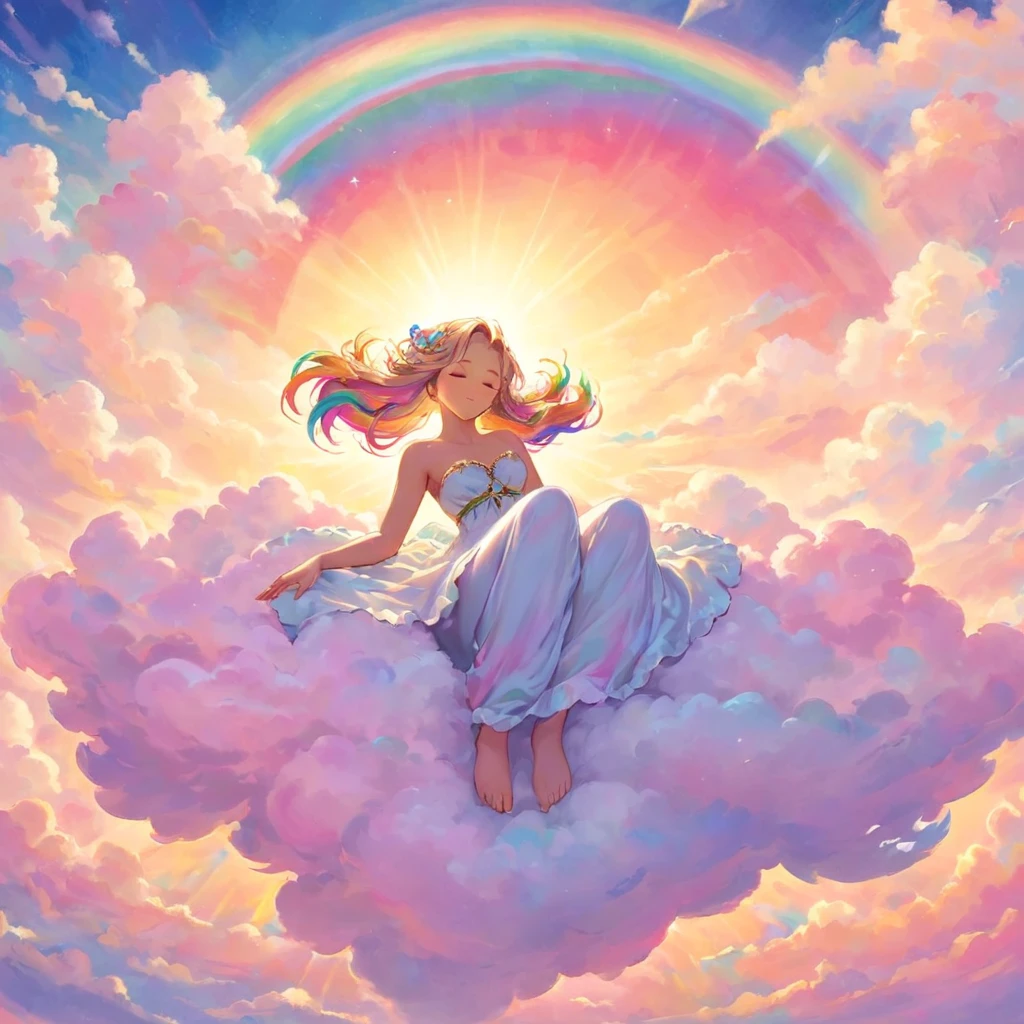 A stunningly ethereal woman, composed of a dazzling array of rainbow hues, reclines gracefully at the end of a radiant rainbow amidst the fluffy clouds in the sky. Bathed in dynamic and enchanting lighting, accentuates her vibrant, full-bodied form. Fantasy art. Masterpiece 