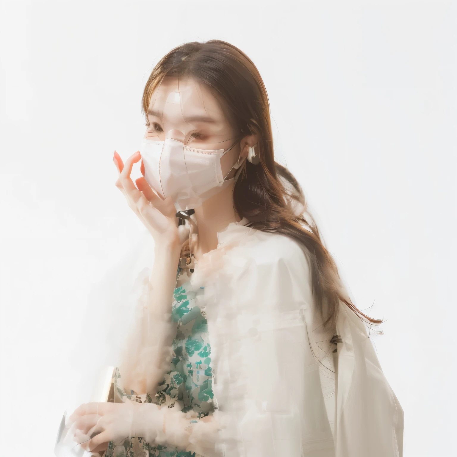 a woman wearing a medical mask covering her mouth, holding a cup of coffee, a transparent glass mask covering her entire face, hand covering her mouth, people using gas masks, wearing face masks, Canon EOS 5D Mark IV, highly detailed, photorealistic, 8K, HDR, studio lighting, extreme detail description, professional, vivid colors, bokeh