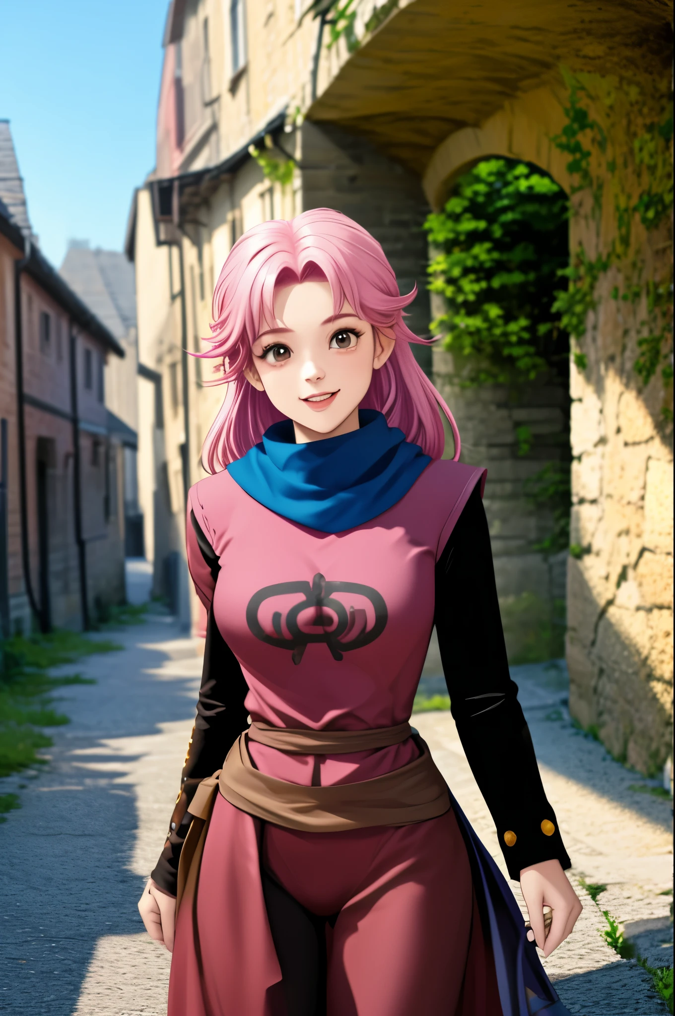 A young woman with vibrant pink hair and large, cute eyes, standing in a medieval fantasy town setting. Her cheerful expression and stylized fantasy outfit, including a pink and black bodysuit with a distinctive symbol on the chest, a blue scarf, and gold accessories, create a whimsical and imaginative character design. The surrounding medieval town with its rustic buildings and cobblestone streets provides a charming, fantastical backdrop that complements the character's enchanting appearance