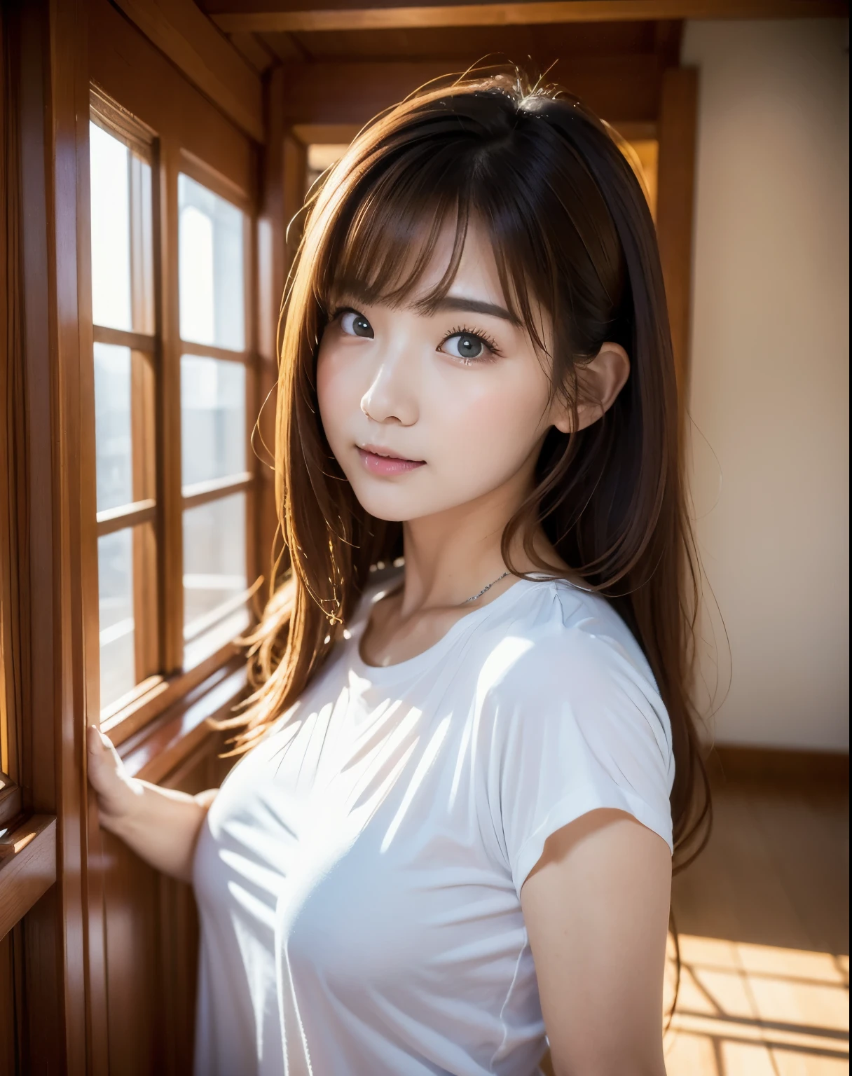 ((highest quality, 8k, masterpiece: 1.3))、High-quality photos、(Live-action 1.3)、Soft Light、One Japanese woman、26 years old、Perfect visuals、Beautiful and cute、Beautiful breasts、Delicate and beautiful face、round face、Embarrassed face、Semi-long hair、Brown Hair Styles、Wearing a T-shirt(White),In the background is a single-person apartment、