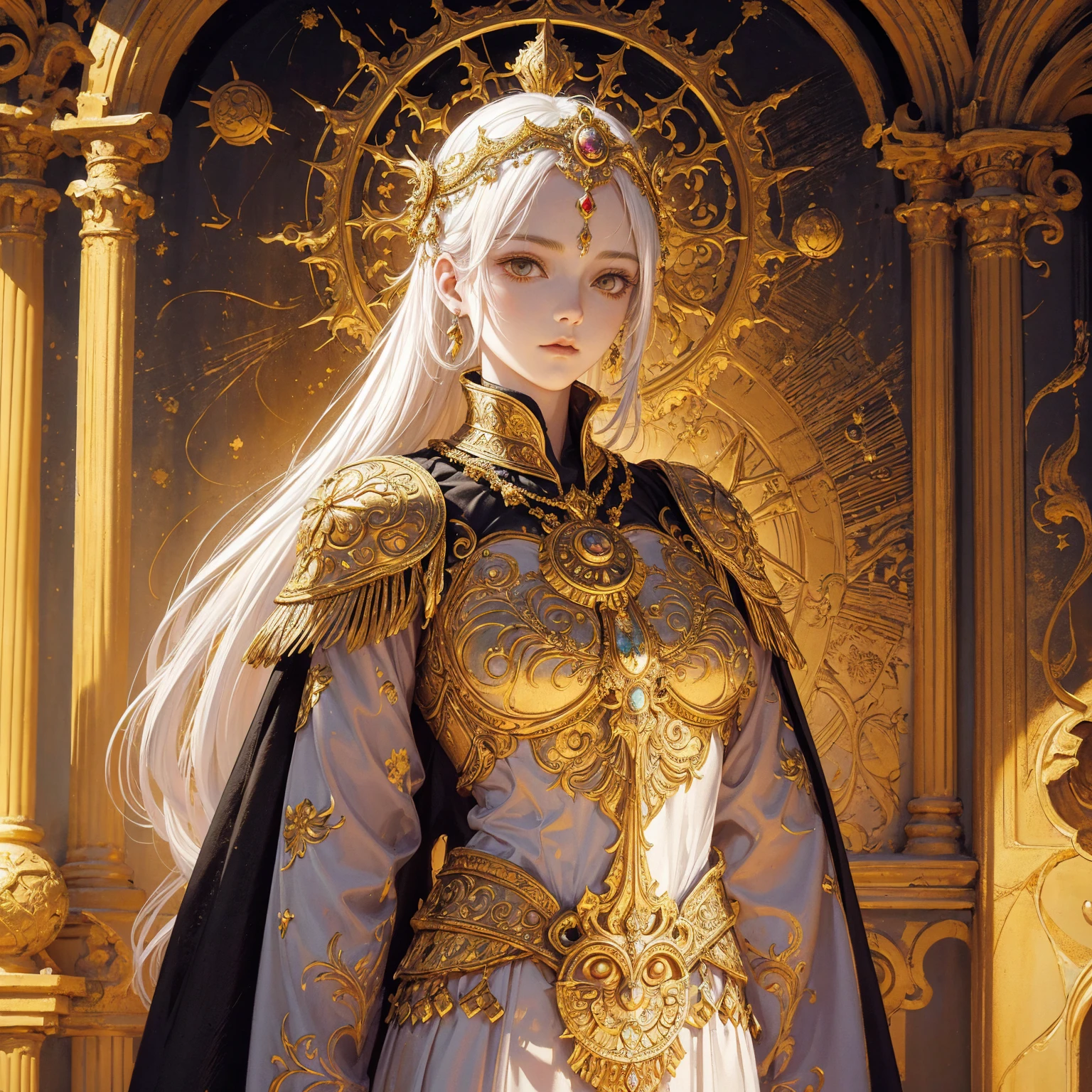 Art of woman wearing sun crown and ornate breastplate, ancient goddess art, Sacredness. Very detailed, Mysterious inspiration, Inspiration from the Sun God, Religious inspiration, Cold and snobbish face, White hair, Standing, Full body portrait, Gothic art style, Weird art style, Occult art