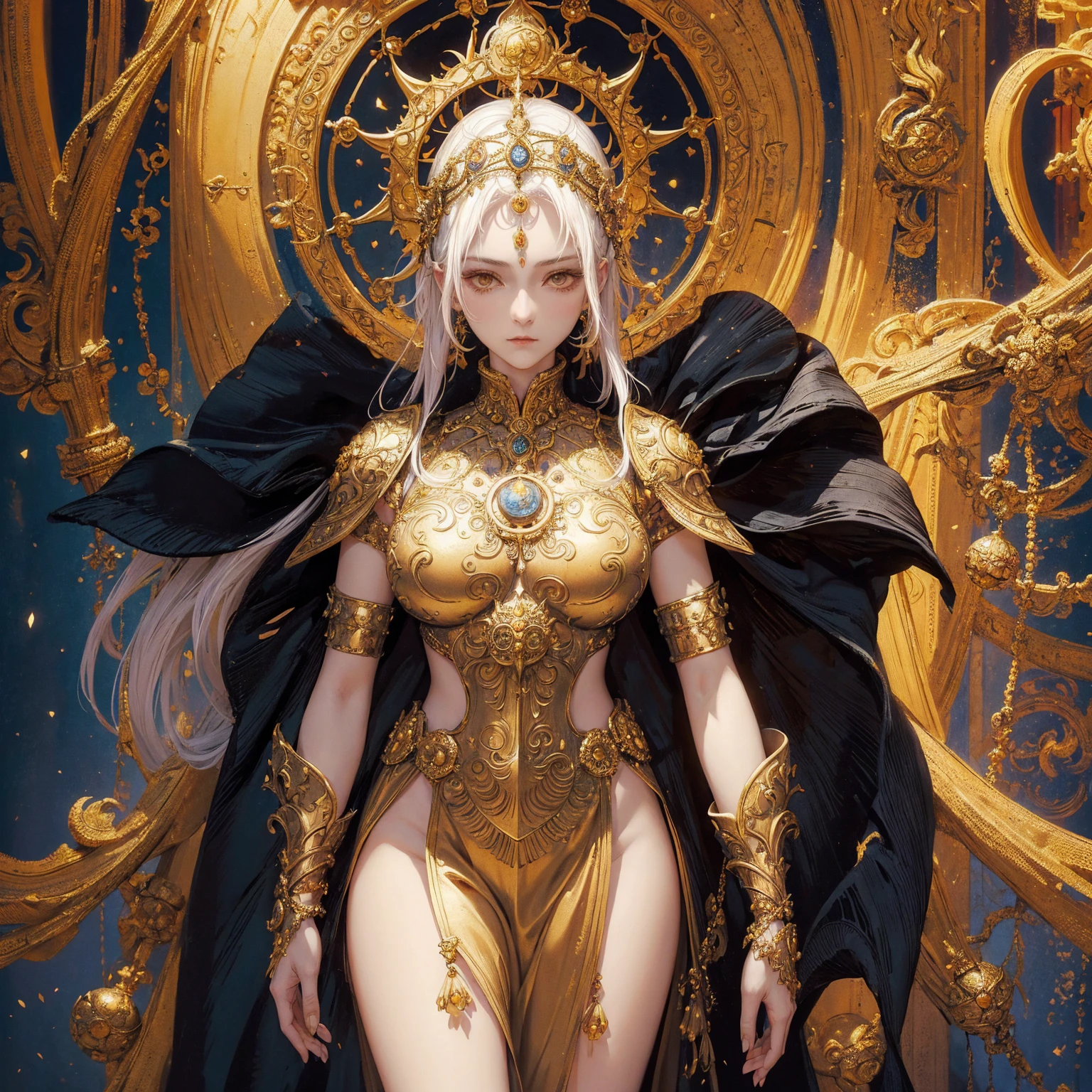Art of woman wearing sun crown and ornate breastplate, ancient goddess art, Sacredness. Very detailed, Mysterious inspiration, Inspiration from the Sun God, Religious inspiration, Cold and snobbish face, White hair, Standing, Full body portrait, Gothic art style, Weird art style, Occult art