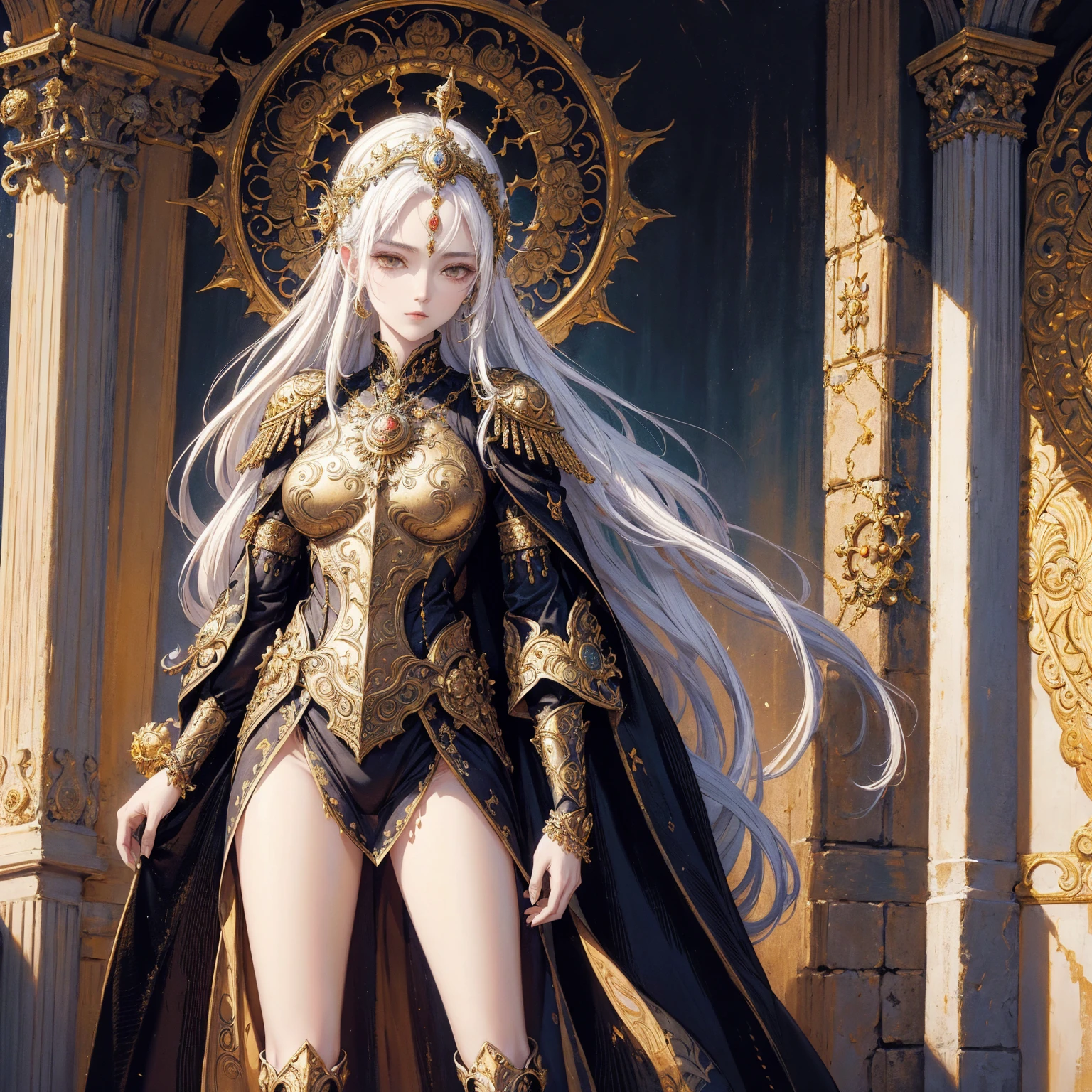 Art of woman wearing sun crown and ornate breastplate, ancient goddess art, Sacredness. Very detailed, Mysterious inspiration, Inspiration from the Sun God, Religious inspiration, Cold and snobbish face, White hair, Standing, Full body portrait, Gothic art style, Weird art style, Occult art