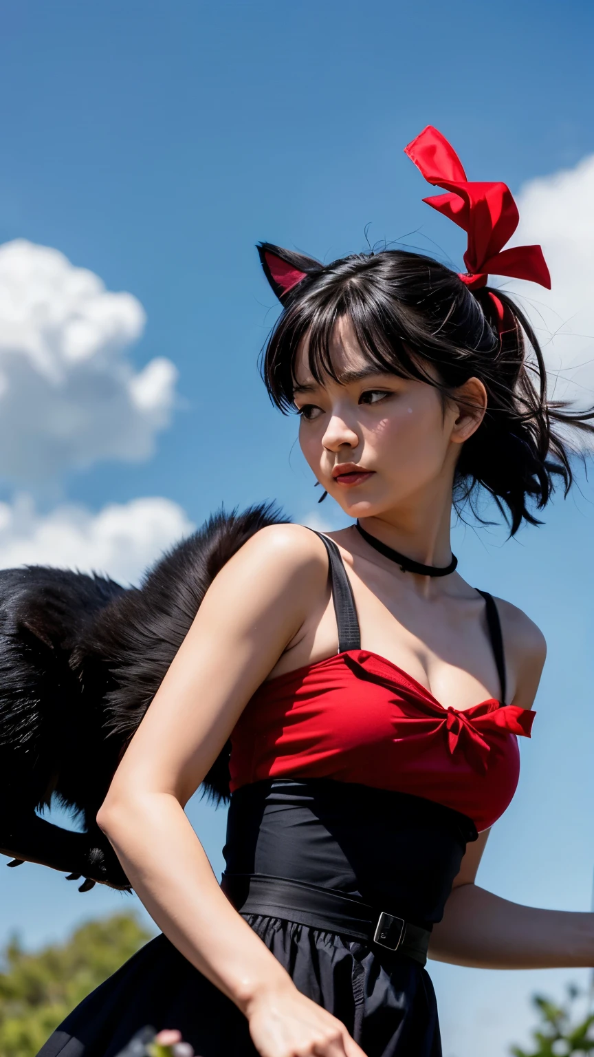 kiki's delivery service, Kiki wearing a big red ribbon and a simple black dress, Kiki flying in the sky on a broom, Kiki with her black cat Jiji, 8k, highest quality, masterpiece, Realistic, Super detailed, photo Realistic, Improvement of quality