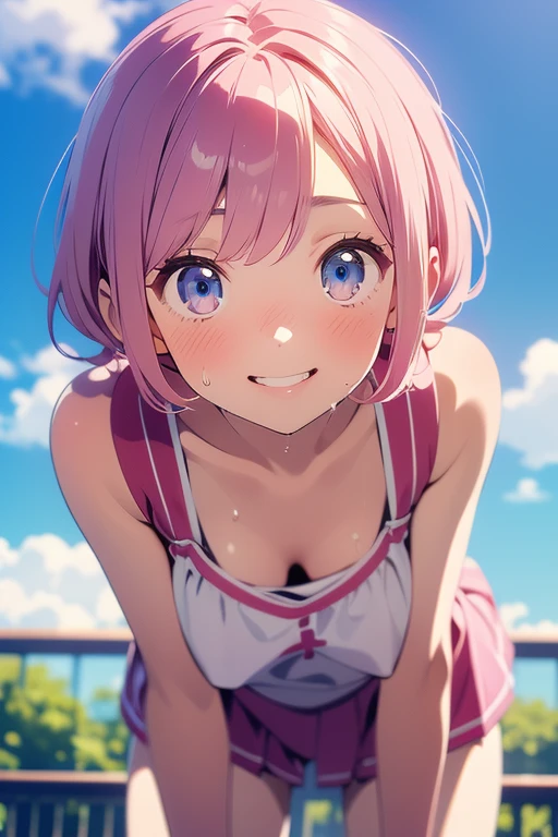 masterpiece, best quality, 1 girl, detailed beautiful face, short hair, waved hair, twintail, pink hair, French braid, embarrassed, (sweat), 10 years old, matanozoki, forward bending, standing, from behind, upside-down, smiling, pantie, blue eyes