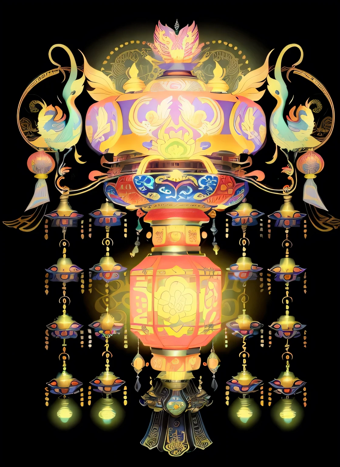 Close-up of a colorful lantern，There is a bird on it, glowing empire pattern, Gorgeous spaceship, DMT art, Inspired by Gao Kegong, dim lantern, Oriental Art Nouveau, Symmetrical digital illustration, ornate gilded cosmic machine, Chinese Art Style, Detailed digital illustrations, Adolf Wolfli (Adolf Wölfli) of inspiration, made in illustrator