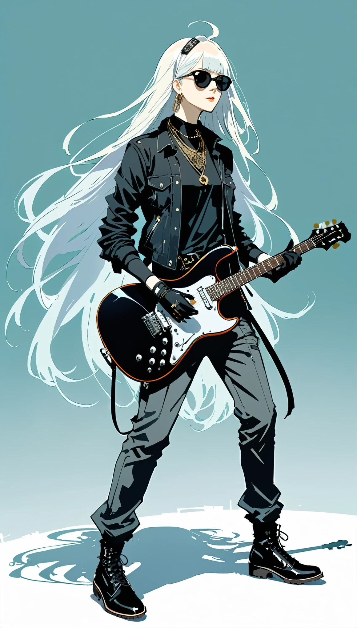 in style of Harry Clarke,(in style of Ashley Wood:1.4),
1 goth girl,(弹Guitar动作，Dynamic Action:1.4),Guitar,InstrumentBREAK bleach sytle,long_hair,partially colored,,Pants,belt,Keep,Wearing glasses on head,sunglasses,shoe,Keep 乐器,electric Guitar,shirt,peak,Tinted glasses,whole body,Necklace,black gloves,looking at the audience,collar,运动shoe,very long hair,white hair,black shirt,白色shoe類,Jewelry,Gray hair,permanent,black Necklace,Shut up,trumpet,