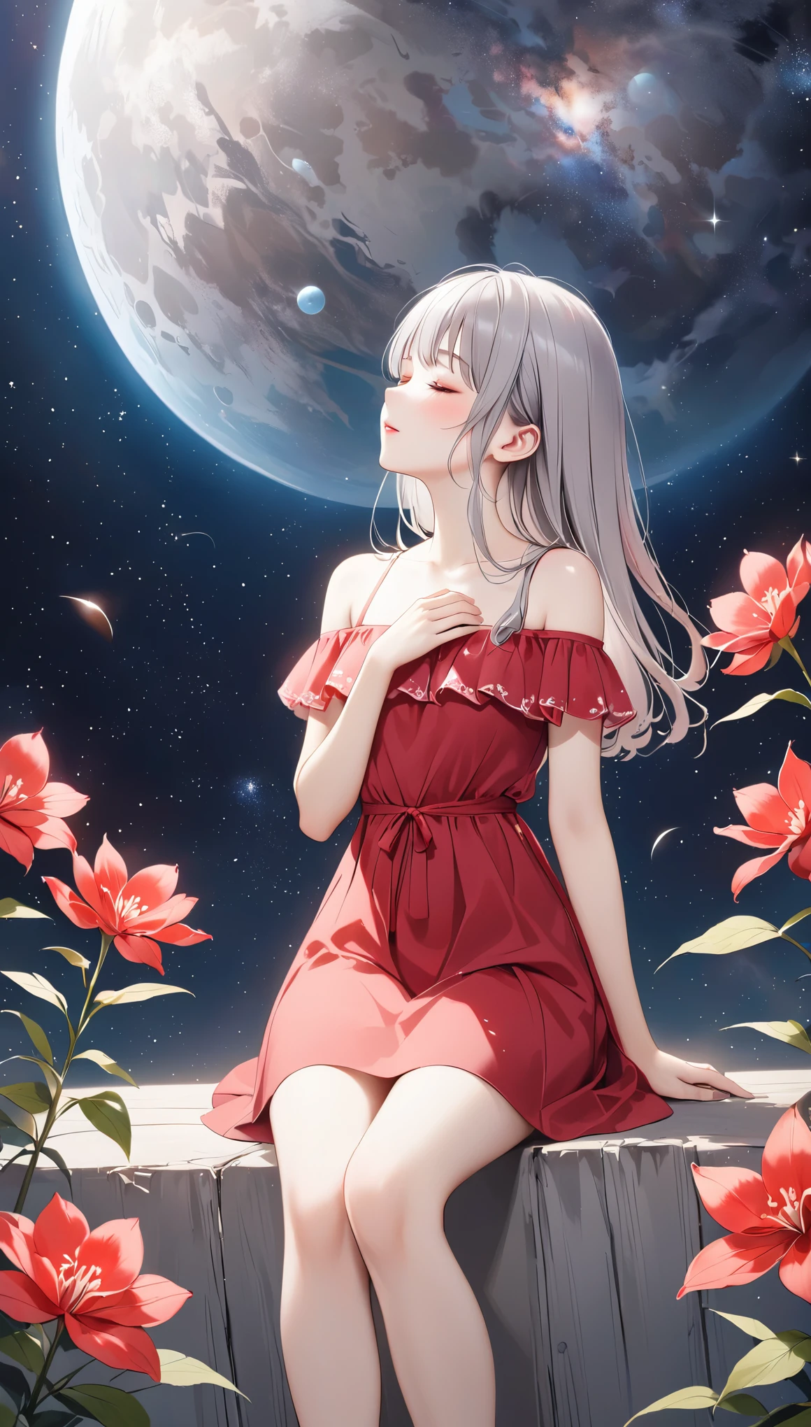 highest quality、masterpiece、grayとredの調和アート、gray、Perfect Anatomy、Girl Closing Her Eyes、cute、、profile、Black off-the-shoulder dress、Sitting Girl、Wabi-sabi art、gray、red、white、Perfect artistic harmony、Fantasy、Vermilion Flower、grayの葉、Modest Flower、Simple configuration、背景はwhiteい壁です、redい花、grayの葉、space、