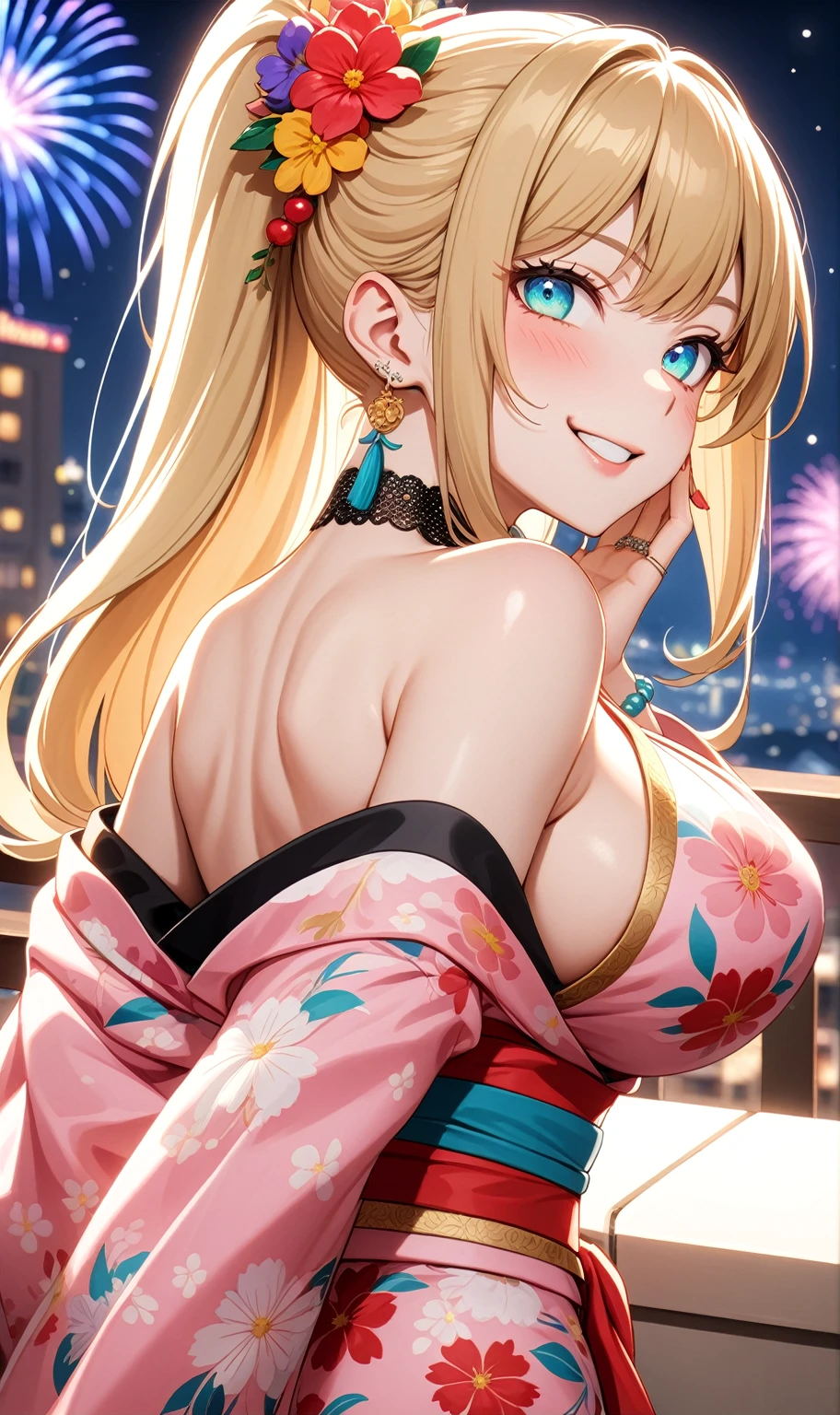 ((one personの女性)), Beautiful Face,Laughing embarrassedly,((Wink:2.0)),Smiling with teeth showing,turn bright red,Lighting on the face,Glossy pink lips,night,rooftop,Festive decorations,You can see the ocean, firework,((Anime style background)),masterpiece, highest quality, so beautiful, Latest, Complex details, (Pink long nails),(ring),(flower bracelet),Floral choker,AI-generated, Complex,High resolution, highest quality, super high quality,3D Images、View your viewers、3D Images,one person,Long Blonde Hair,High Ponytail,Turquoise Eyes,Anime woman posing for a photo, (Fine grain,Colorful eyes,Shining Eyes:1.4),(Squint your eyes:1.1),a hyperRealistic , hyperRealistic , Realistic,Blonde anime woman with long hair, Smooth anime CG art, A woman in a colorful kimono with gold embroidery, (Pink kimono),Red floral pattern,Long flower hair ornament,Large floral earrings,(ring),(Big Breasts:1.1),Mature Body,Tall,Big Ass,Fine details,Tight waist,Abdominal muscles,(Face close up:1.6),(Tilt your face), Shooting from an angle,