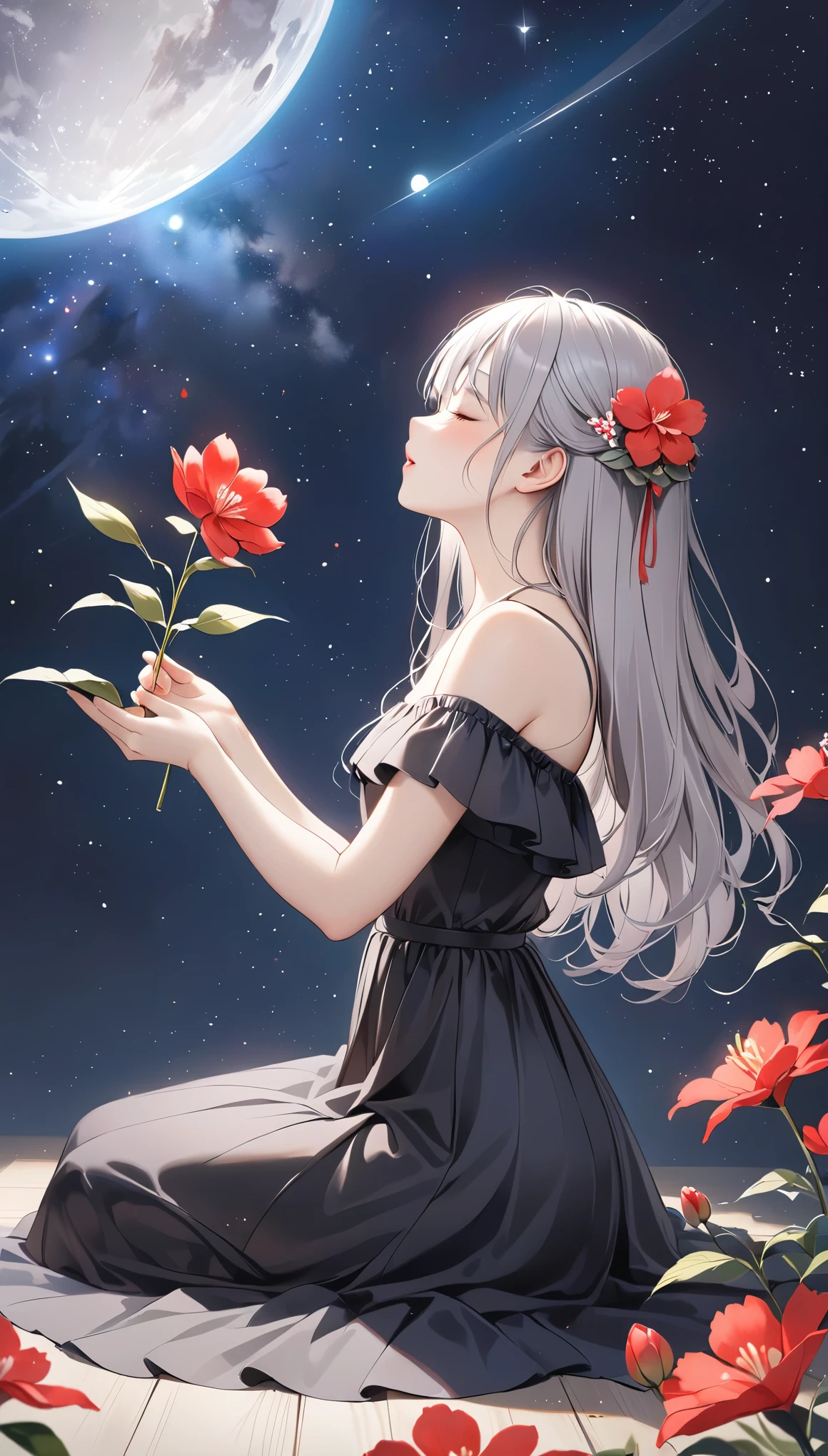 highest quality、masterpiece、grayとredの調和アート、gray、Perfect Anatomy、Girl Closing Her Eyes、cute、14 years old、profile、Black off-the-shoulder dress、Sitting Girl、Wabi-sabi art、gray、red、white、Perfect artistic harmony、Fantasy、Vermilion Flower、grayの葉、Modest Flower、Simple configuration、背景はwhiteい壁です、redい花、grayの葉、space、