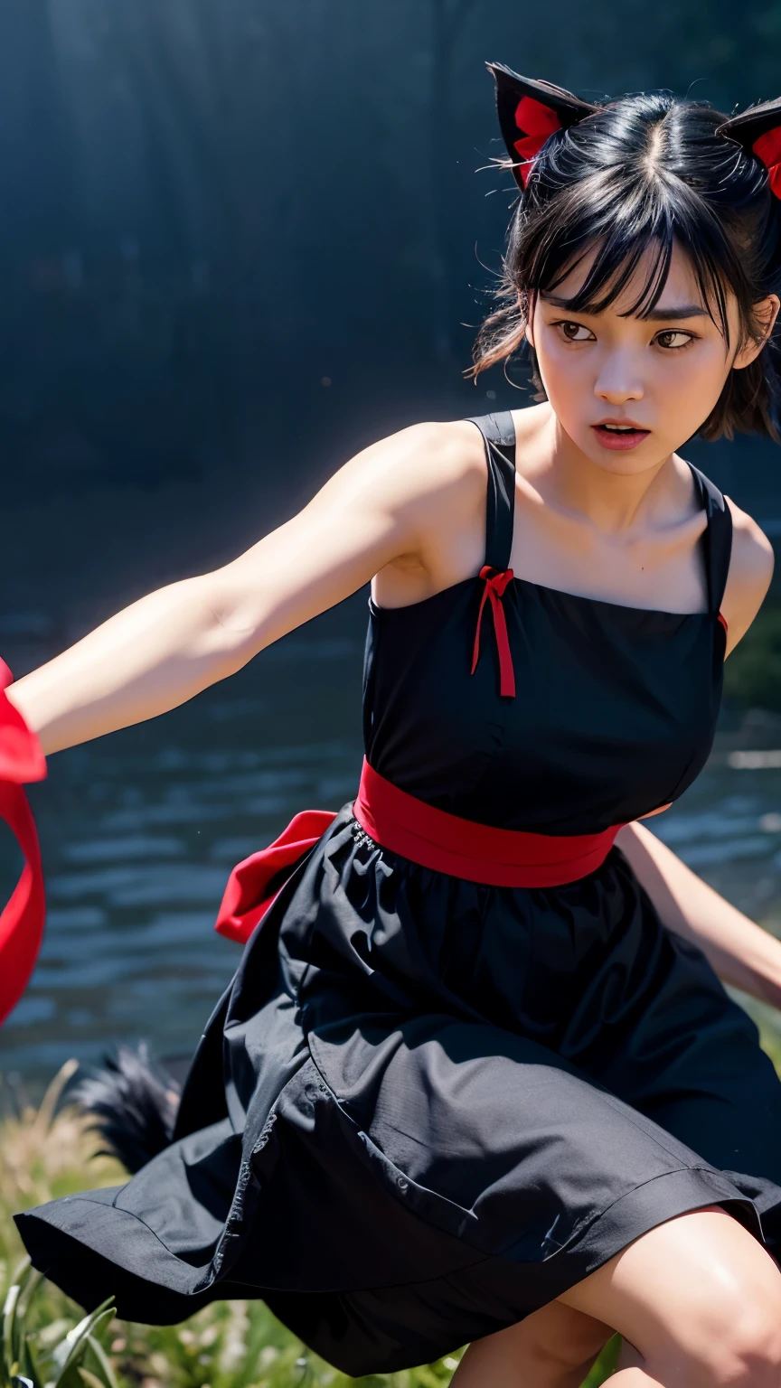 kiki's delivery service, Kiki wearing only a big red ribbon and a simple black dress, Kiki flying in the sky on a broom, Kiki with her black cat Jiji, 8k, highest quality, masterpiece, Realistic, Super detailed, photo Realistic, Improvement of quality