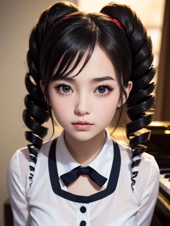 masterpiece, highest quality, Very detailed, 16k, Ultra-high resolution, 17-year-old girl, Detailed face, Anatomically correct, black eye, Black Hair, Long Hair, Drill Hair, (mega twin drills:1.5), , White blouse, Red tie, Navy Skirt, School, music room, piano, pianoの前, stand