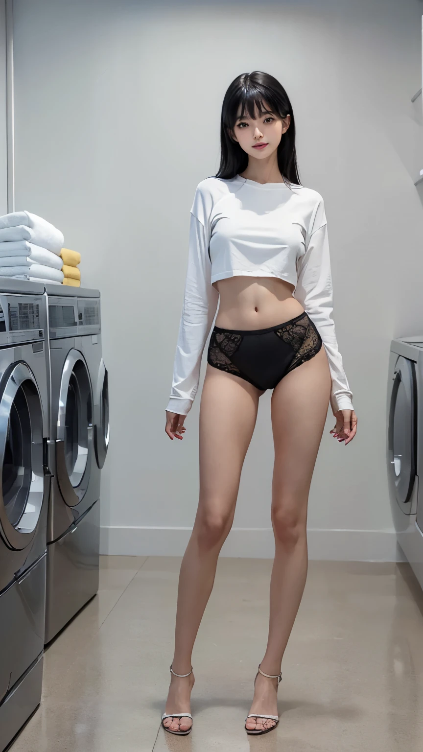 ((Standing posture:1.8, Composition from the thighs up:1.8)), ((Laundry Room:2.0)), ((Clothing:2.0, Long sleeve T-shirt:2.0, Lace panties:1.5, flip flops:1.5)), ((Smile, Small breasts:1.5, slender:1.5, Small Ass:1.5)), ((Japanese, 1 Girl, 18-year-old, 7 heads, Ideal body proportions, Black Hair, With bangs, Small breasts, Erect nipples, slender, Small Ass, Beautiful feet, Skinny Legs)), Surrealism, Cinematic Lighting, Depth of written boundary, First Person View, F/1.8, 135mm, Ticker, Mastepiece, Curate, ((Anatomically correct:1.3)), Textured skin, Super Detail, High detail, High quality, Awards, Best Quality, High resolution, 8K