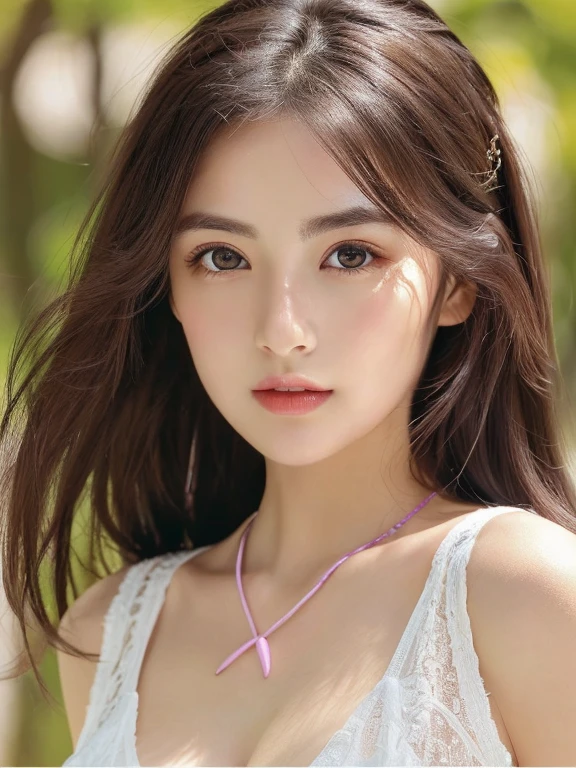(highest quality, 8K, masterpiece), (best illustration), very delicate and beautiful, very detailed, CG, unity, amazingly fine detail, ultra high resolution, highly detailed eyes and face, superbly detailed eyes, (fluffy black eyes: 1.21), (best shadows: 1.1), (photorealistic: 1.1), realistic face proportions, (makeup: 0.4), handsome woman, solo, (( Big breasts)), (deep cleavage), (slim figure), smiling at the viewer, (off-shoulder: 1.5)), wet skin, dark brown hair, earrings, (cowboy shots: 1.3), (irregular skin imperfections, veins, skin wrinkles: pores: 1.1), (woods: 1.3), (bokeh: 1.4)