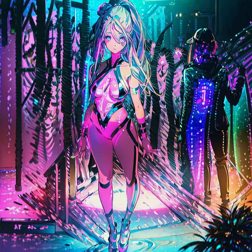 (safe for work)An android (lovely woman, sparkly clothes tape outfit, backlit eyes, neon joints) neon highlight guitar, performing in a nice cafe (safe for work)
